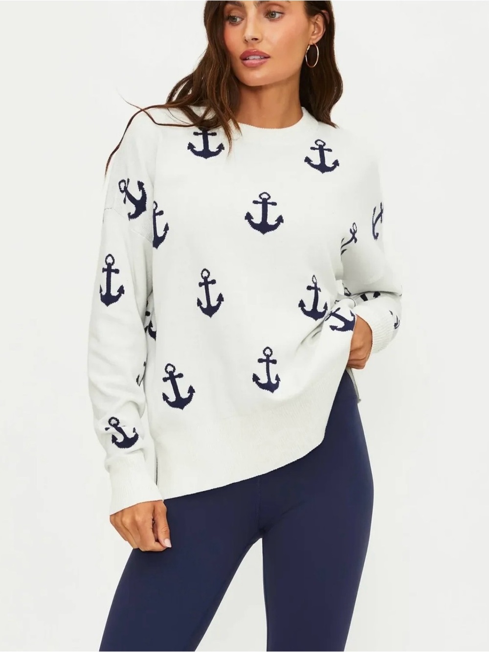 Beach Riot White Crewneck Sweater with Navy Anchor Print